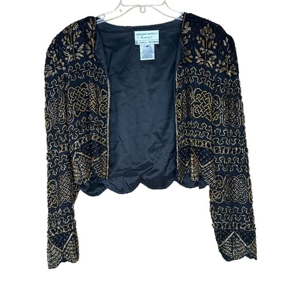 Adrianna Papell Evening Jacket Black Gold Sequin Beaded Silk Size M Vintage Glam - Picture 1 of 6